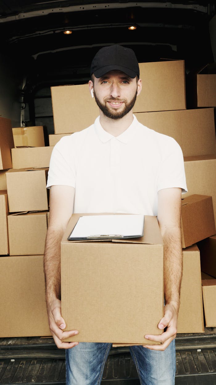 Man in White Polo Shirt Holding a Carton Box